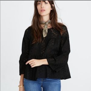 Madewell Black Floral Eyelet Flowy Tiered Cropped Boxy Button-Back Top sz XL